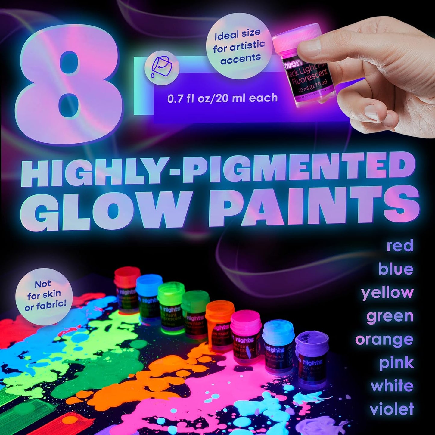 Glow in the Dark Paint - Pack of 8 Multi-Surface UV Paint Set - UV & Blacklight Activated, Self Luminous, 20mL - Perfect for Halloween and Holiday Decor, Easter Egg Painting Decoration