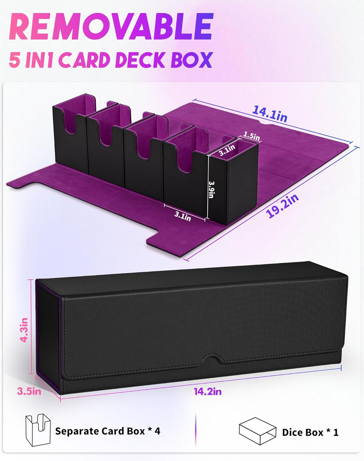 Card Deck Box with Dice Tray for MTG, 5 in 1 Card Deck Case Holds 800+ Unsleeved Cards, Strong Magnet Organizer Compatible with Yugioh TCG Sports Cards (Black Purple)