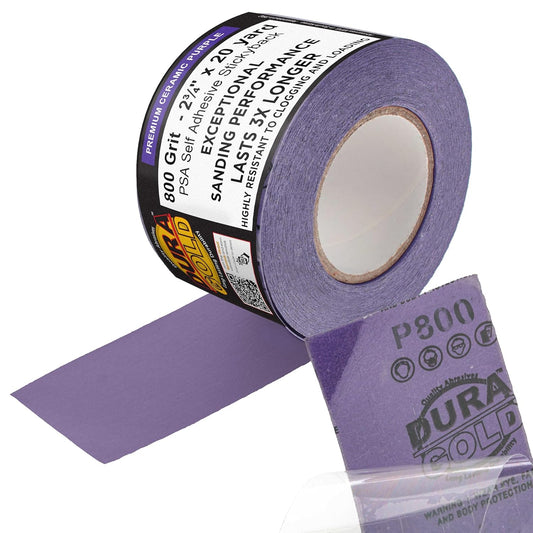Dura-Gold Premium 800 Grit PSA Purple Film Ceramic Longboard Sandpaper, 2-3/4" Wide Continuous 20 Yard Roll - Self Adhesive Stickyback for Auto & Wood Air File Long Board Sanders, Hand Sanding Blocks