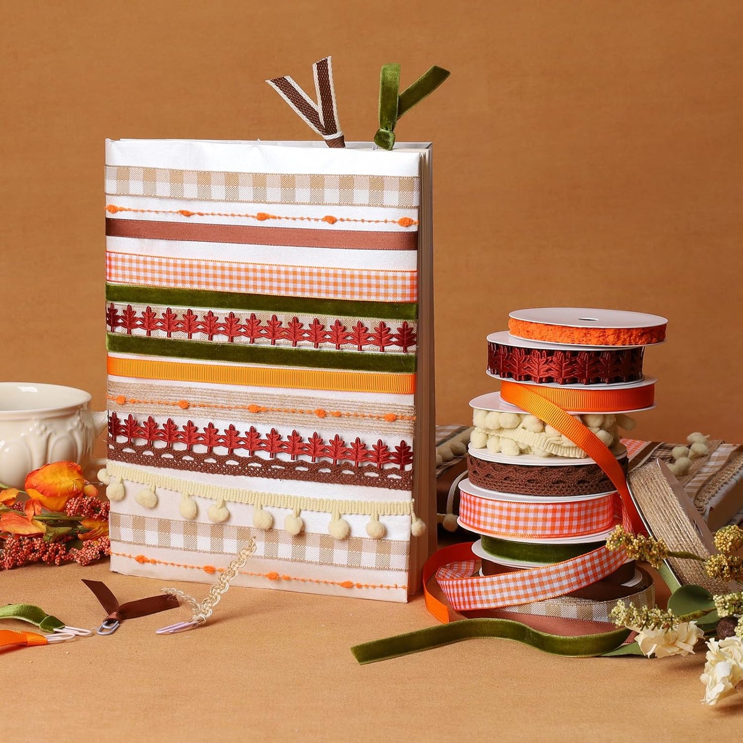 LaRibbons Fall Ribbons for Crafts 10 Rolls Harvest Craft Set for Wreaths, Thanksgiving Decor, Gift Wrapping, 3/8" + 5/8", 47 Yards