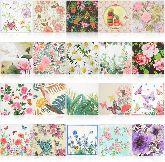 Floral Decoupage Paper Napkins, 20 Pack 20 Styles Assorted Decorative Cocktail napkins for DIY rafting Birthday Party Wedding Baby Shower Each Unfolded 13 Inch