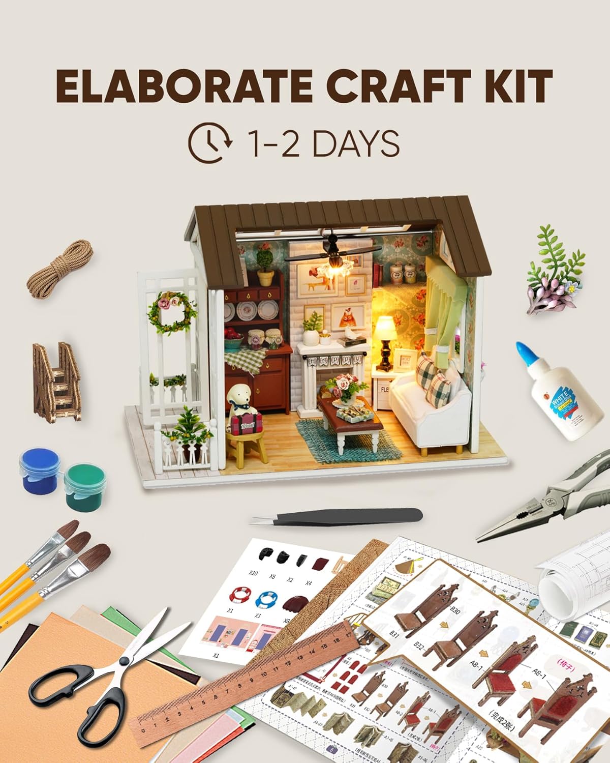 DIY Miniature House Kit, DIY Dollhouse Kit for Adults to Build, Mini House Kit with LED, Mayberry Street Miniatures, Ideal Gifts for Birthday, Valentine Christmas(Happy Times)