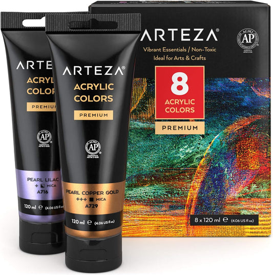 Arteza Metallic Acrylic Paint, Set of 8 Vibrant Essentials Colors 4.06oz Tubes, Rich Pigments, Non Fading, Non Toxic Paints for Artists & Hobby Painte