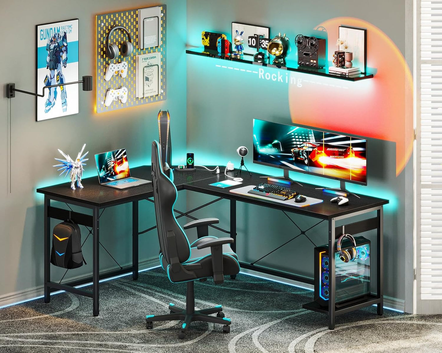 Coleshome 59" L Shaped Gaming Desk with Outlet, L Shaped Desk with CPU Stand, Corner Computer Desk, Home Office Desk, Writing Desk, Black