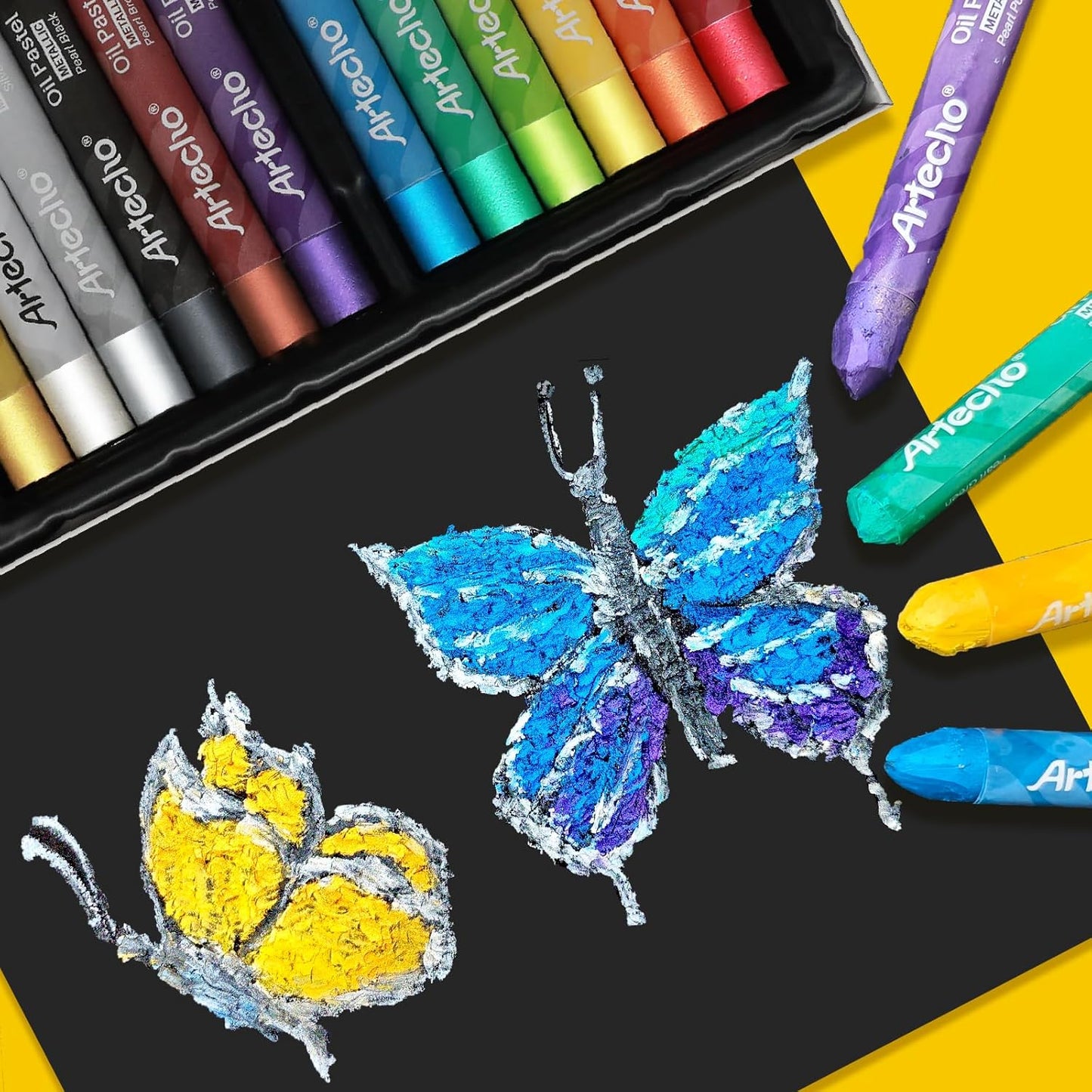 Artecho Metallic Oil Pastels Set of 12 Colors, Soft Oil Pastels for Art Painting, Drawing, Blending (10 x 70 mm)