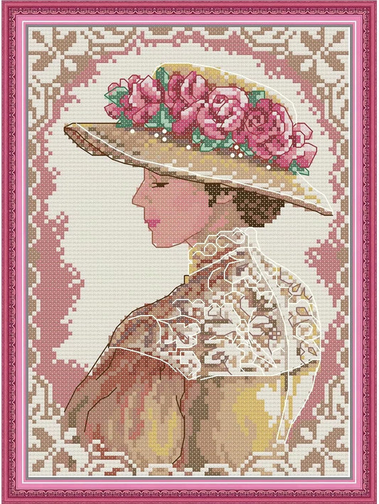 CROSSDECOR Stamped Cross Stitch Kits Beginners Full Range of Crossstitching Preprinted Pattern for Kids or Adults, DIY Needlepoint Embroidery Craft 11CT 3 Strands-9.5×13.8 inch，Elegant Lady