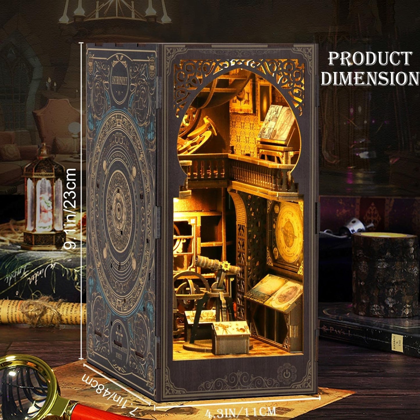 Book Nook Kits for Adults, 3D Printed DIY Miniature House Kit Astronomical Museum Booknook Wooden Puzzle Dollhouse Bookshelf Insert Decor with LED Lights Gifts for Book Lovers, Space Enthusiasts