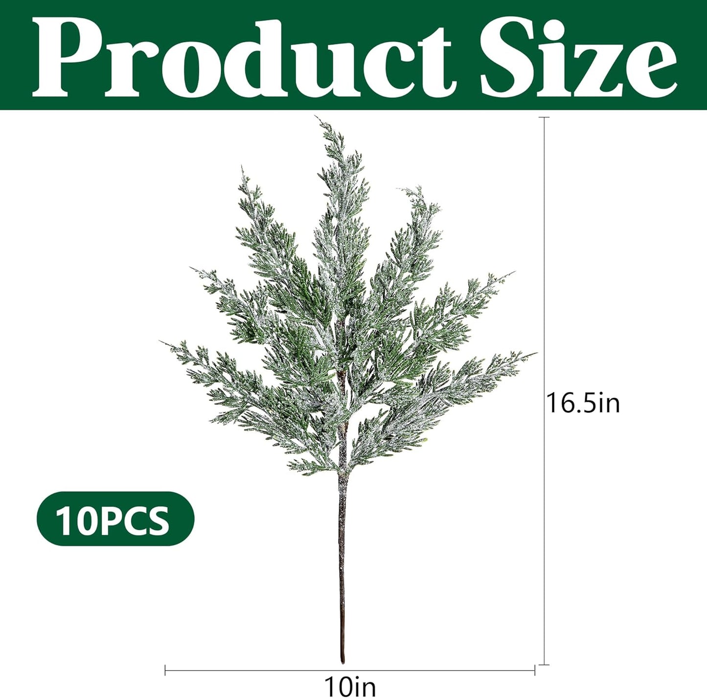 10 Packs 16.5" Artificial Christmas Snow Pine Branches, Snow Flocked Faux Greenery Norfolk Pine Sprigs Cypress Stems, White Frosted Fake Foliage Pine Needle Picks for DIY Craft Garland Home Decor