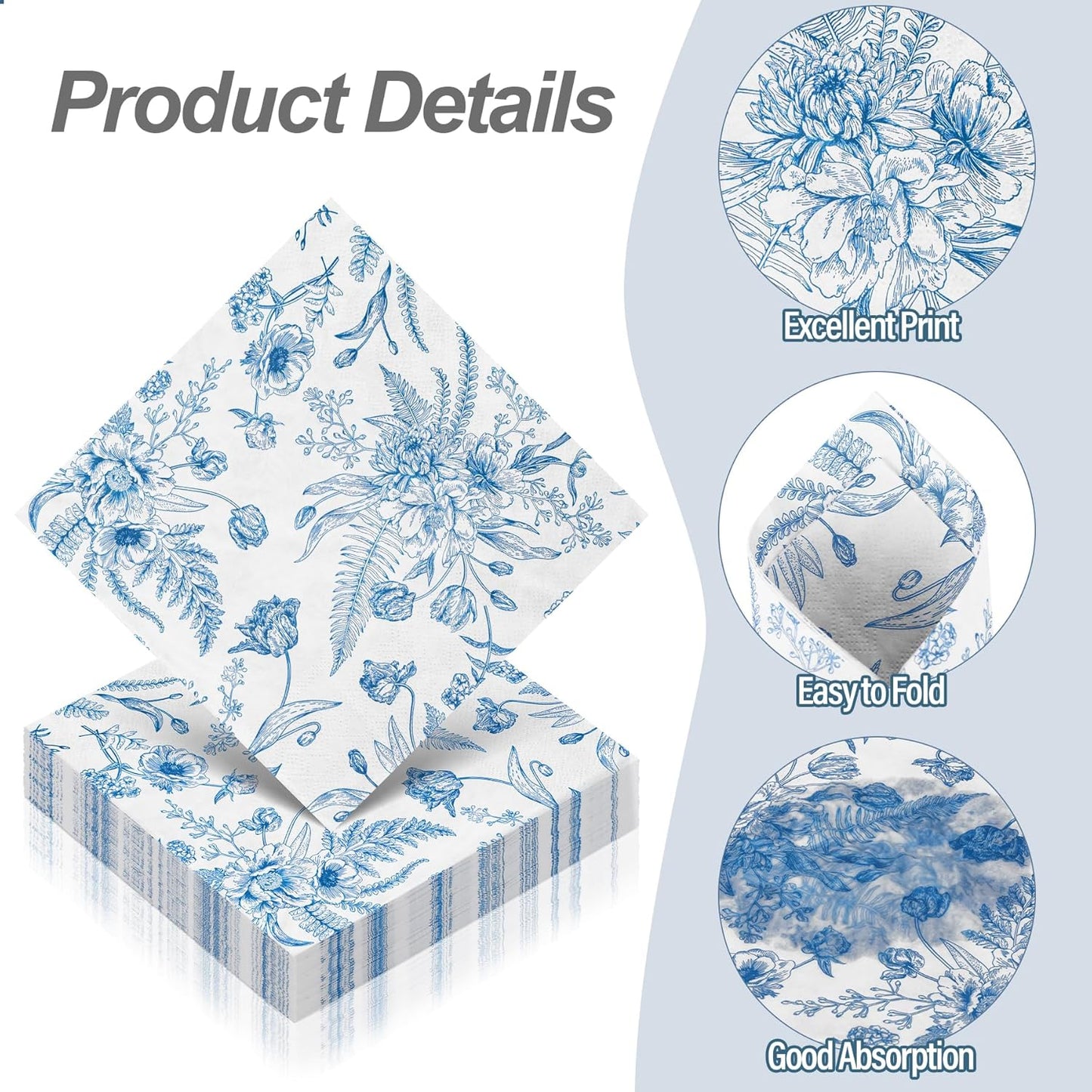 Aodaer 48 Pieces Floral Paper Napkins Disposable Blue Floral Napkins Blue and White Cocktail Dinner Napkin Set 13" x 13" Unfolded Decoupage Tableware Napkins for Garden Party Supplies