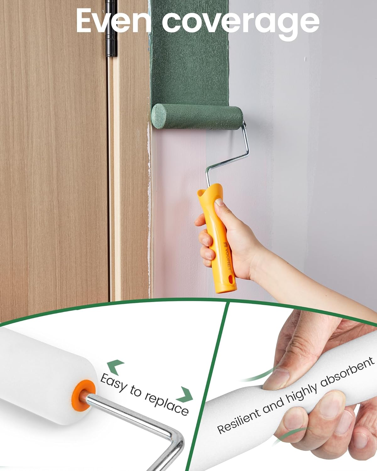 voomey 15 Pcs 6 Inch Paint Roller Kit with Small Paint Roller, Paint Tray with Liners, Foam Paint Roller for Painting Door, Walls, Cabinet