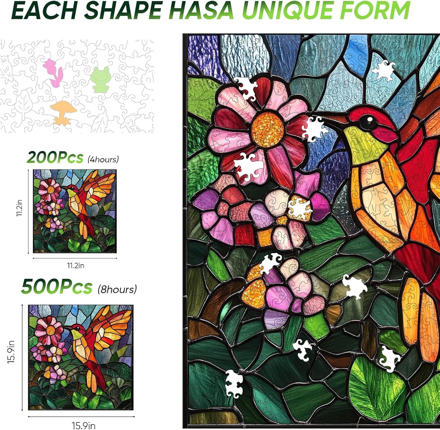 Wooden Puzzle for Adults, Stained Glass Hummingbird Jigsaw Puzzles 200 Piece, Unique Shapes Family Reunion Puzzle for Adults and Kids, Beautiful Package, Best Gift for Family Friends 11.4x11in