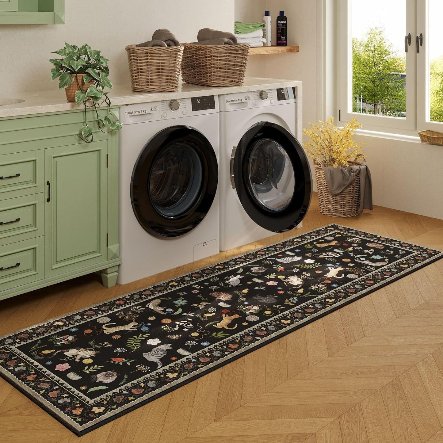 Rugcomf Runner Rug for Kitchen Non Slip 2'x6' Washable Rugs with Rubber Backing Soft Floral Animal Cat Carpet Runner for Kitchen Laundry Bedroom Bathroom, Black