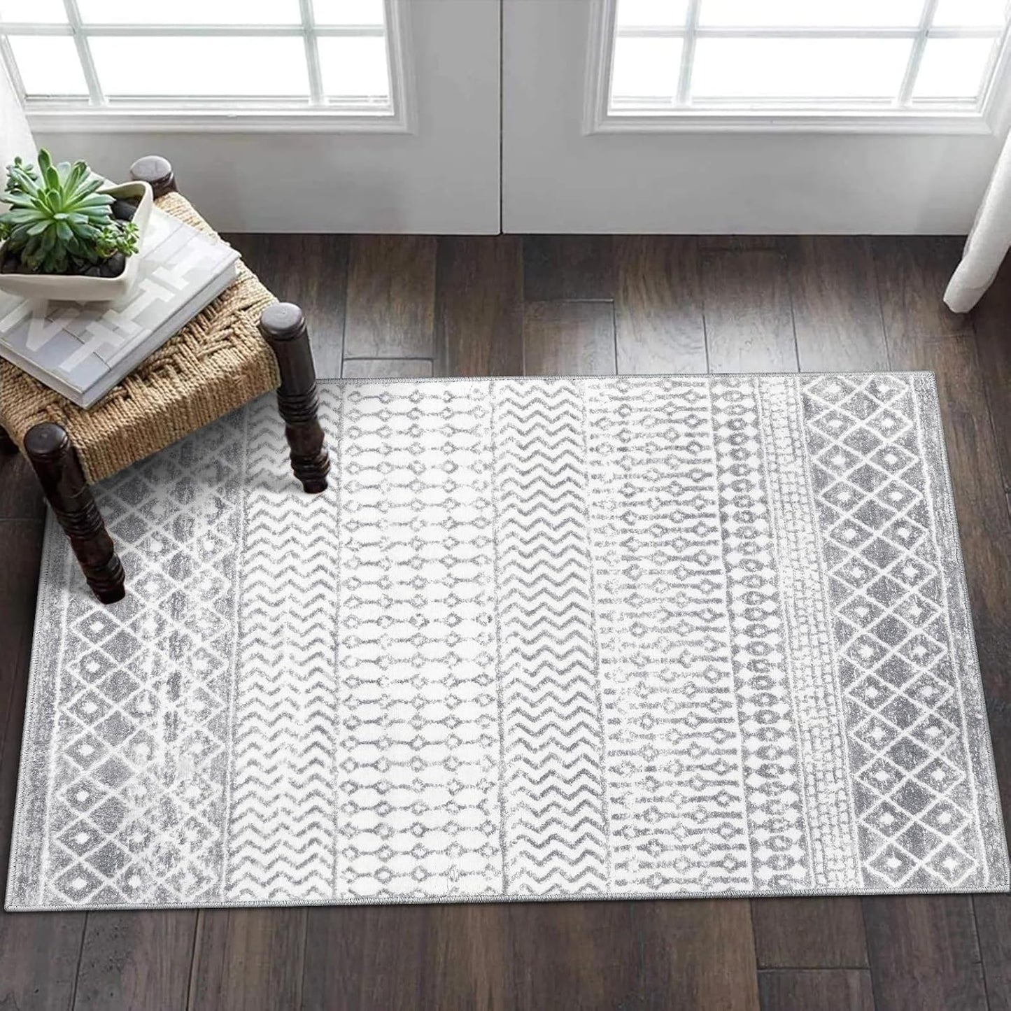 Moroccan Washable Rugs, 2x3 Grey Rug Non-Slip Small Distressed Entryway Rugs, Soft Low-Pile Bedroom Rug Indoor Doormat Carpet for Entryway Kitchen Bathroom
