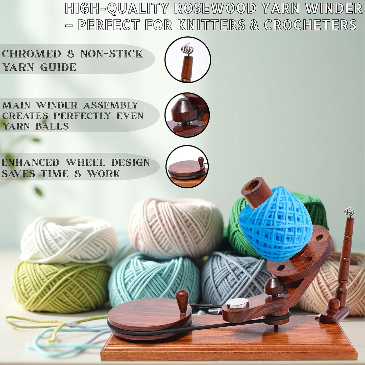 Bhartiya Handicrafts Rosewood Yarn Winder | Large Capacity 10 oz Wooden Yarn Winder for Knitting, Crocheting and Weaving | Table Top Wood Yarn Swift and Ball Winder