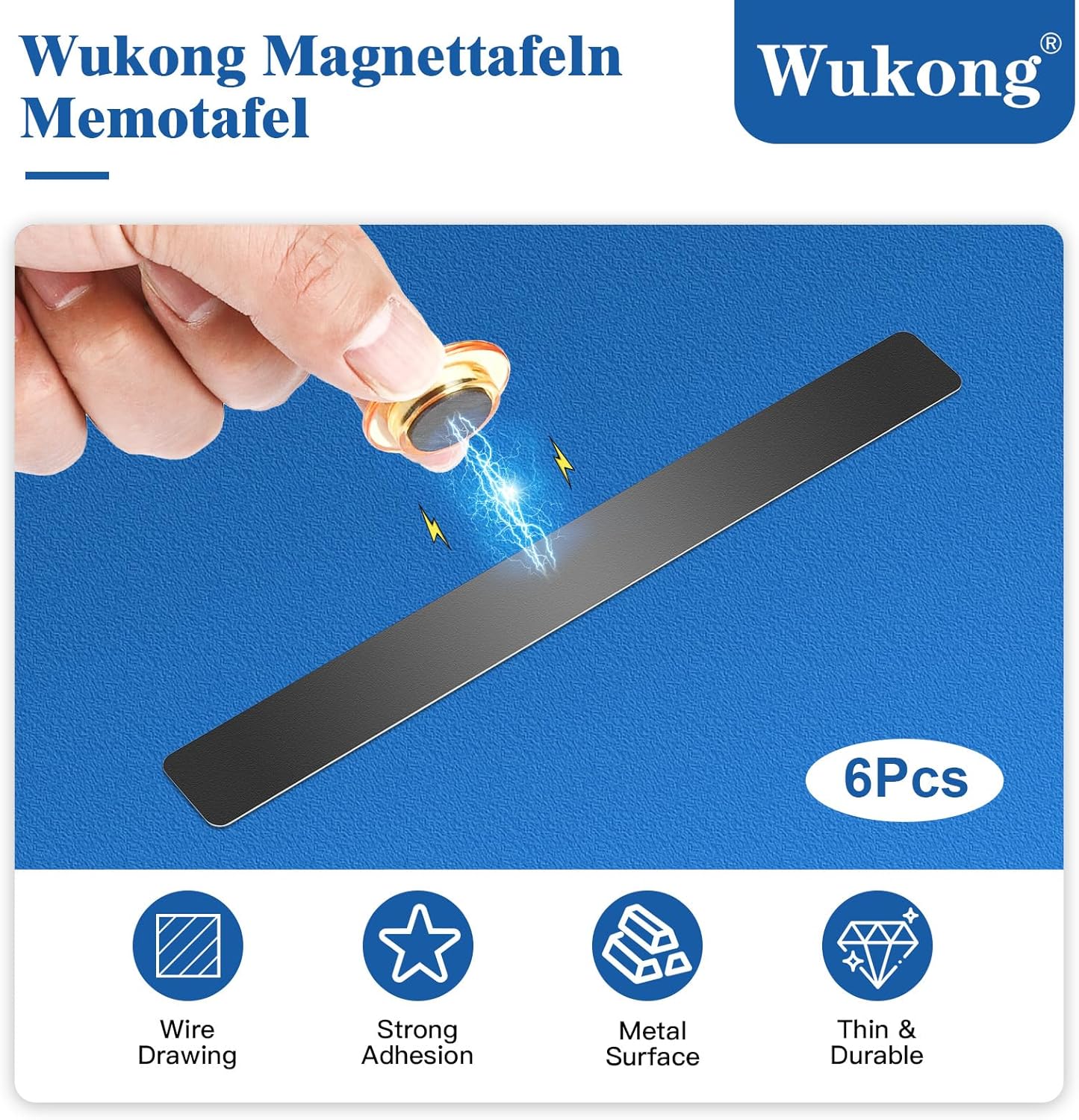 Wukong 6 Pack | 30x3cm(11.81 x 1.18) Magnetic Stainless Black Boards Strips, Adhesive Backing Bulletin Bar Board, Memo Board with 16Pcs Colorful Magnets for Office, Home, Photo Wall, Documents