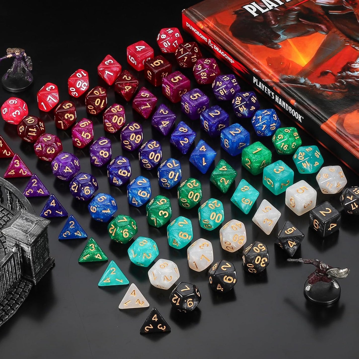 QMay DND Dice Set 10x7 (70 Pieces) Polyhedral Dice for Dungeons and Dragons D&D RPG MTG Role Playing Games with 1 Drawstring Bag