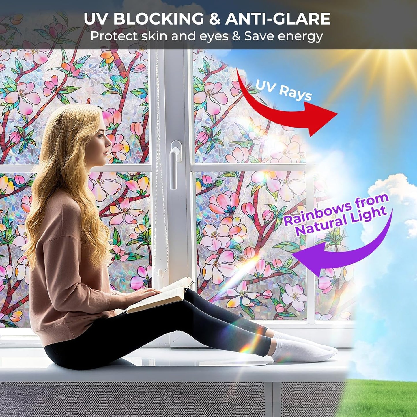 Window Privacy Film Rainbow Film Stained Glass 3D Static Cling Decorative Window Sticker for Bathroom,Front Door,Home Heat Control UV Blocking Non Adhesive,Peach Blossom 23.6 x 78.7inches