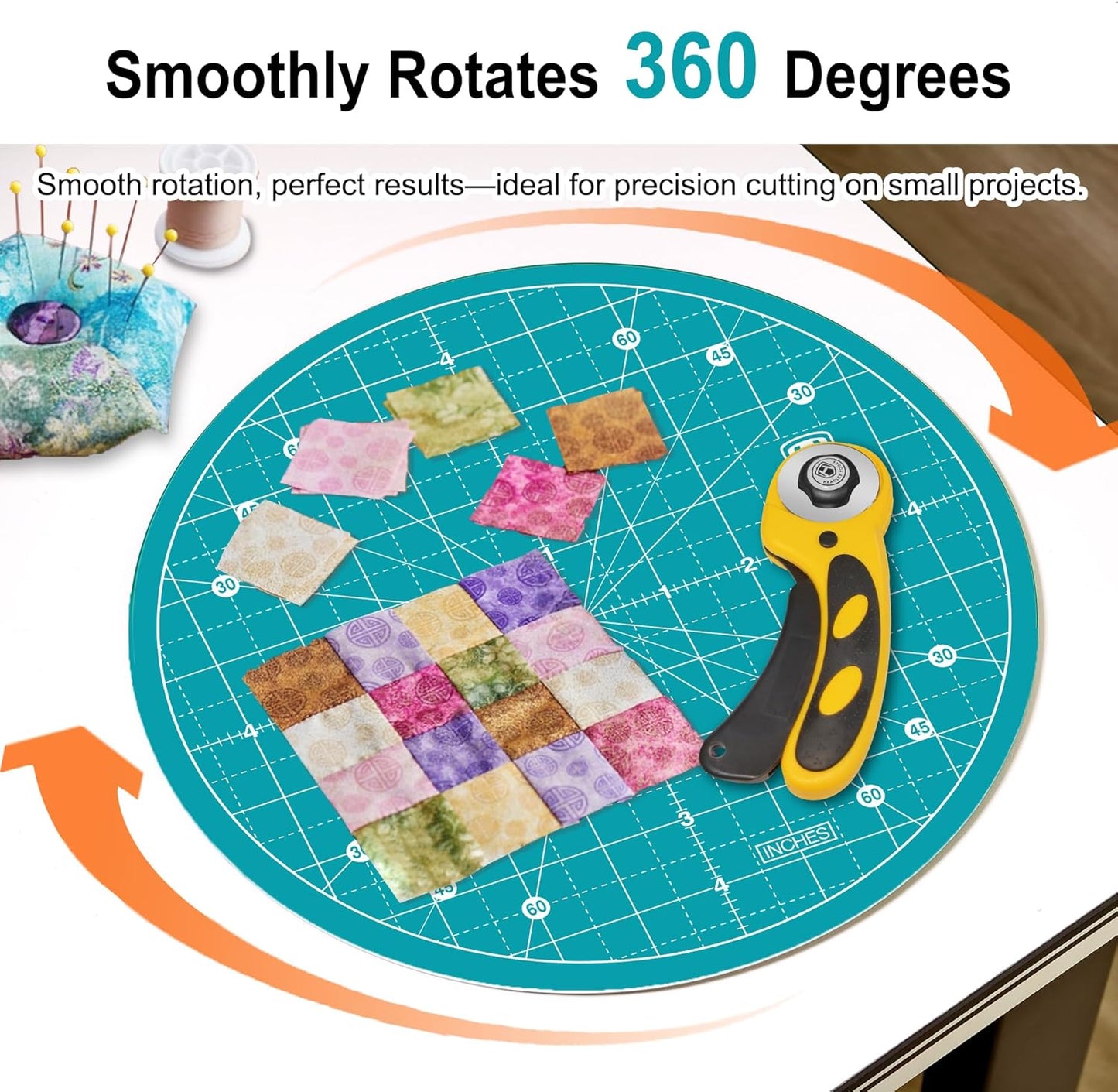 Headley Tools 10"x10" Round Rotating Cutting Mat, Self Healing Mat with 360-Degree Rotation & Anti-Slip Base, Sewing Board Cutting Mat Perfect for Fabric Quilting Leather Hobby Project, Turquoise