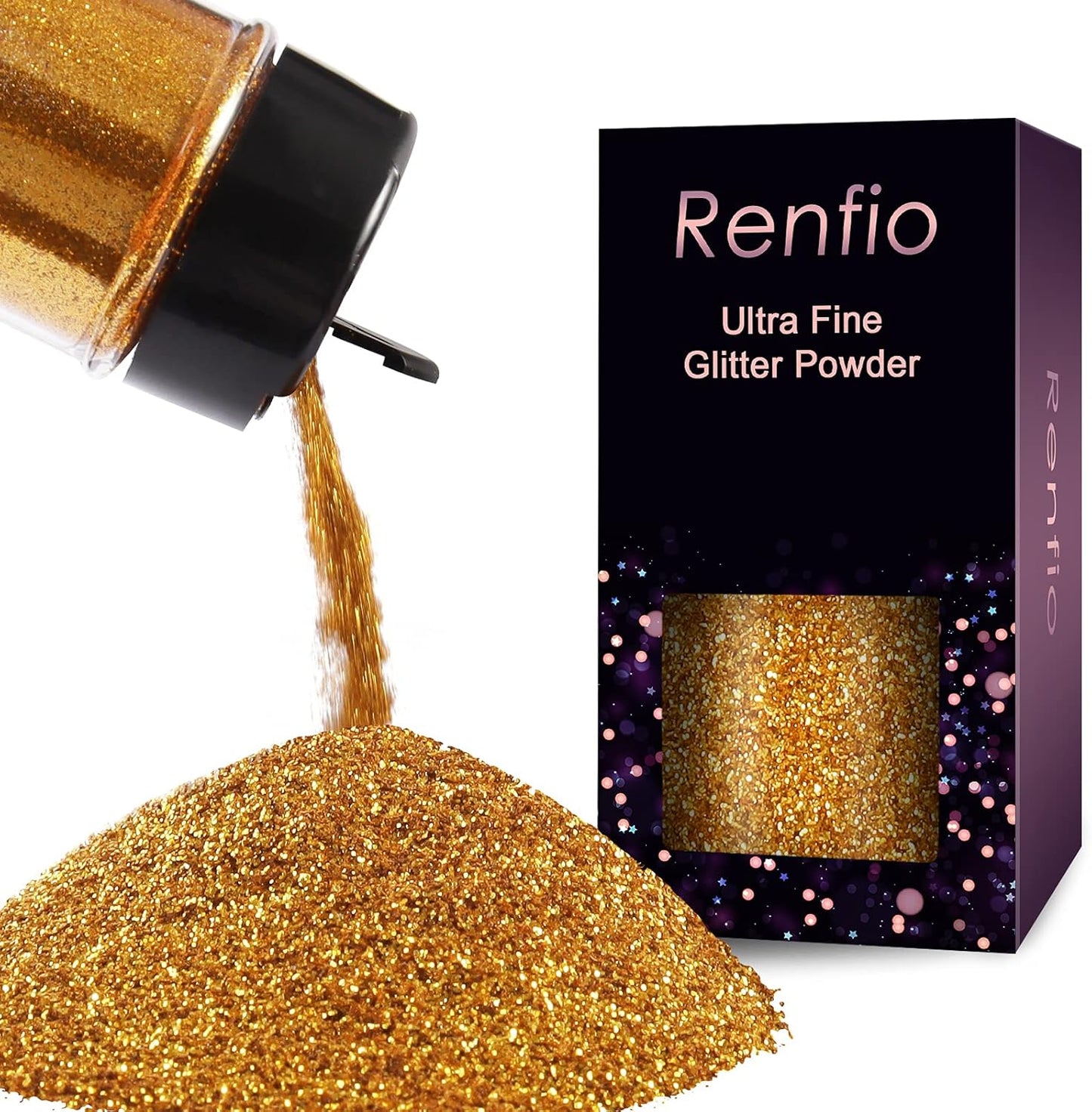 Renfio Ultra Fine Glitter Powder Metallic Resin Glitter 2.11 Oz (60g) PET Flakes Crafts Sequins 1/128" 0.008" 0.2mm Epoxy Chips Flakes for Tumblers Slime Decoration - Deep Gold
