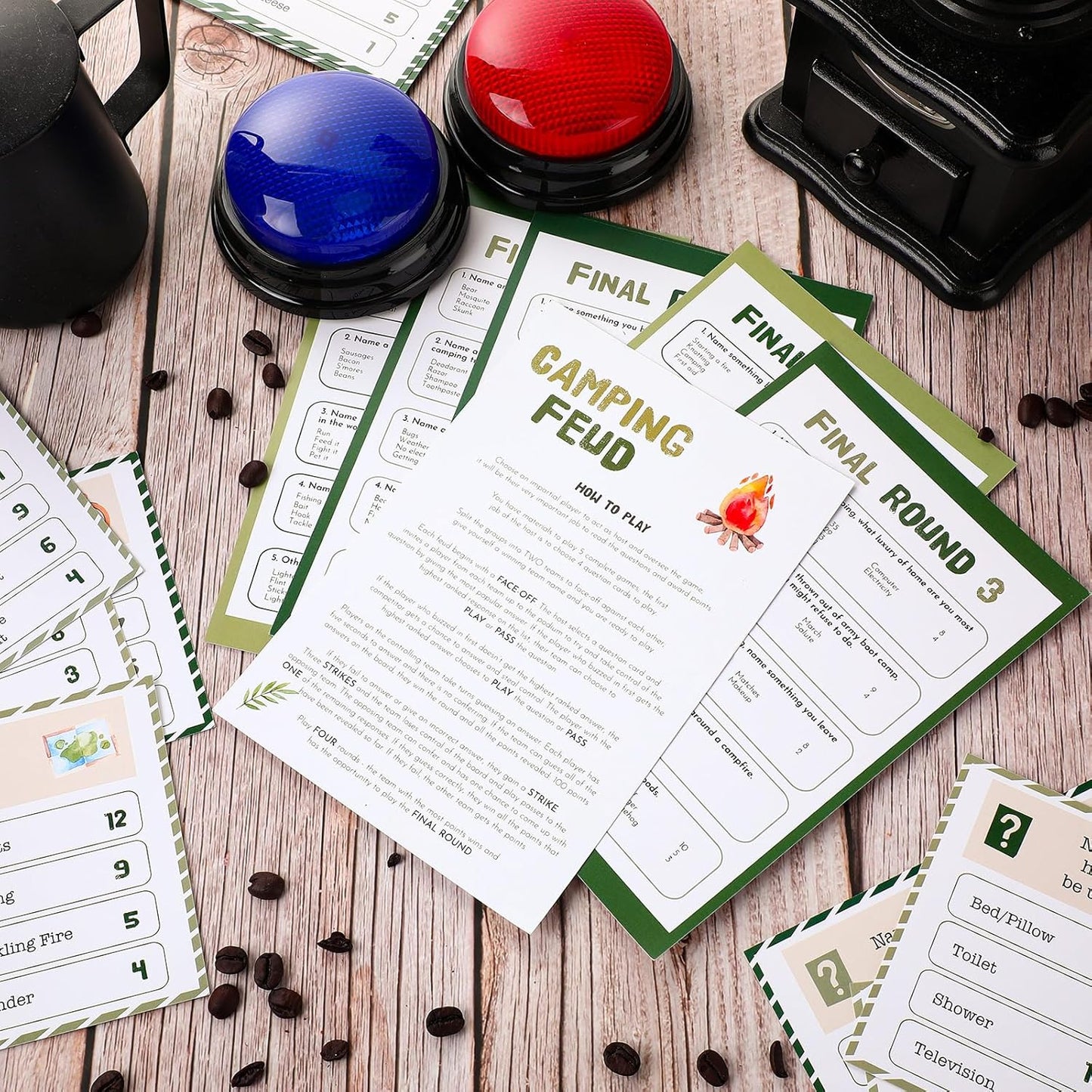 30 Pcs Camping Friendly Feud Game Set Camping Party Game Trivia Quiz with 18 Card 2 Buzzer for Adults Family Games Activities Party Supplies, Battery Not Included