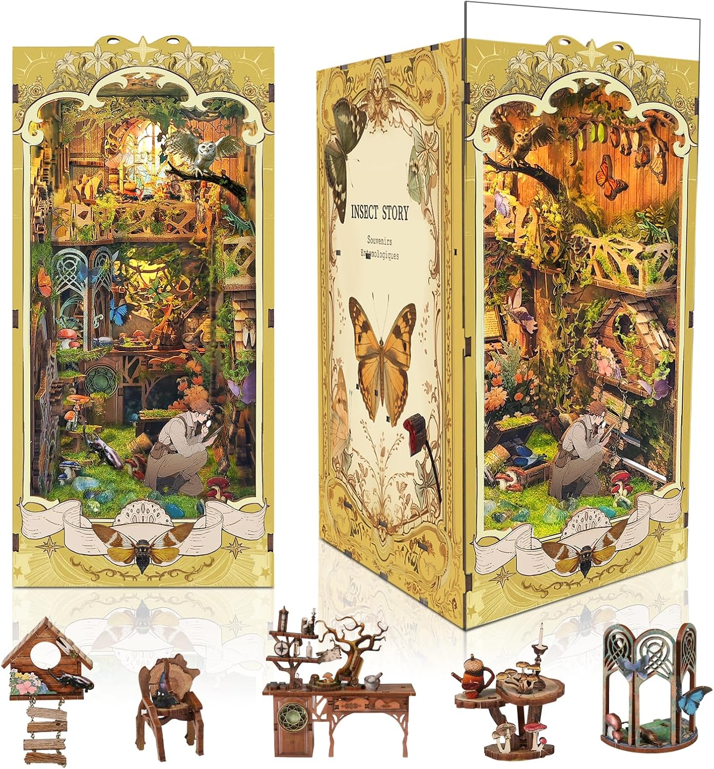 DIY Book Nook Kit,DIY Dollhouse Booknook Bookshelf Insert Decor,3D Wooden Puzzles with LED Dust Cover,Book Nook Miniature Kit,Birthday Halloween Home Decor for Teens Adult-Insects Story