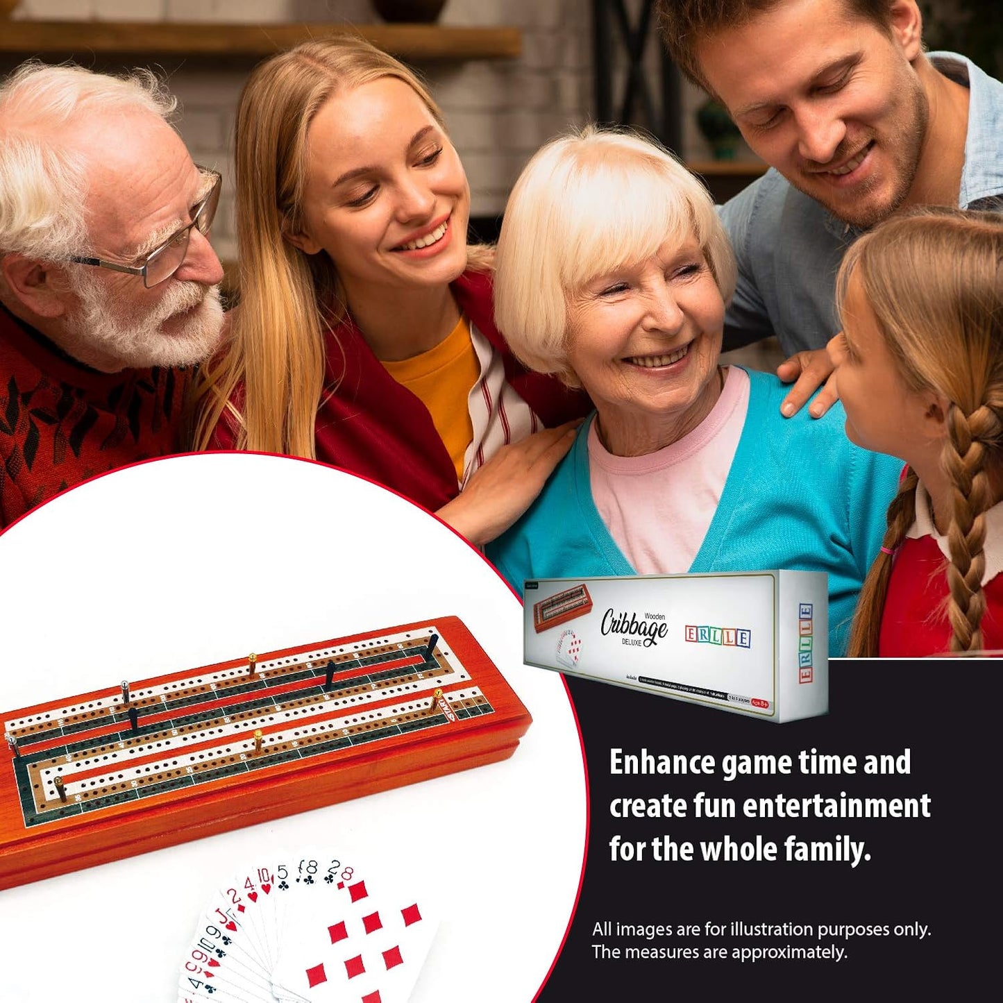 ERLLE - Wooden Cribbage Board Game Set, Continuous 3 Track Wooden Board, 9 Metal Pegs, 2 Decks of Cards, Sliding Lid and Storage, Unique Cribbage Boards,Travel Portable Cribbage Game Sets