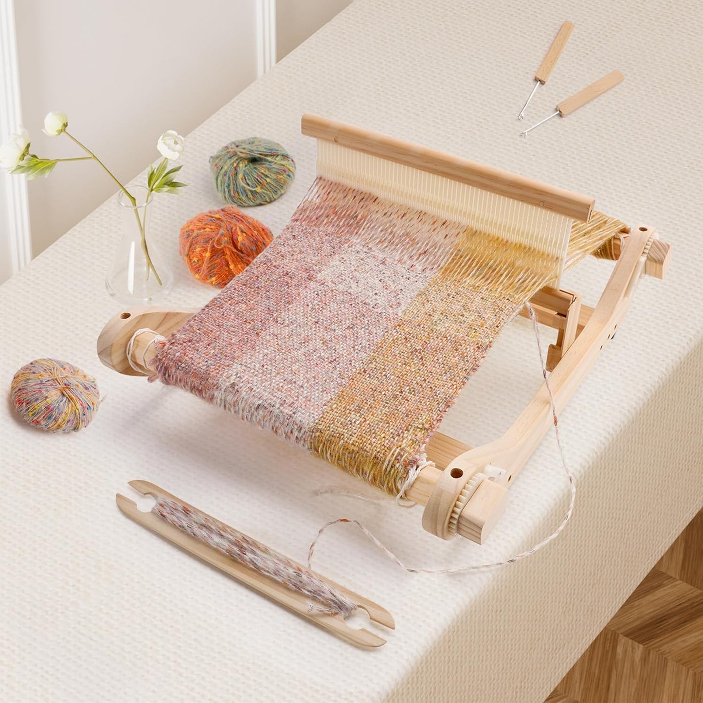 PURCOULEUR 12 Inches Rigid Heddle Loom, Wooden Weaving Loom for Adults, Multi-Craft Frame Loom for Beginners, Threads Warping Frame with Pegs and Yarn Stand, Weaving Loom Kit with Heddle Shed Stick