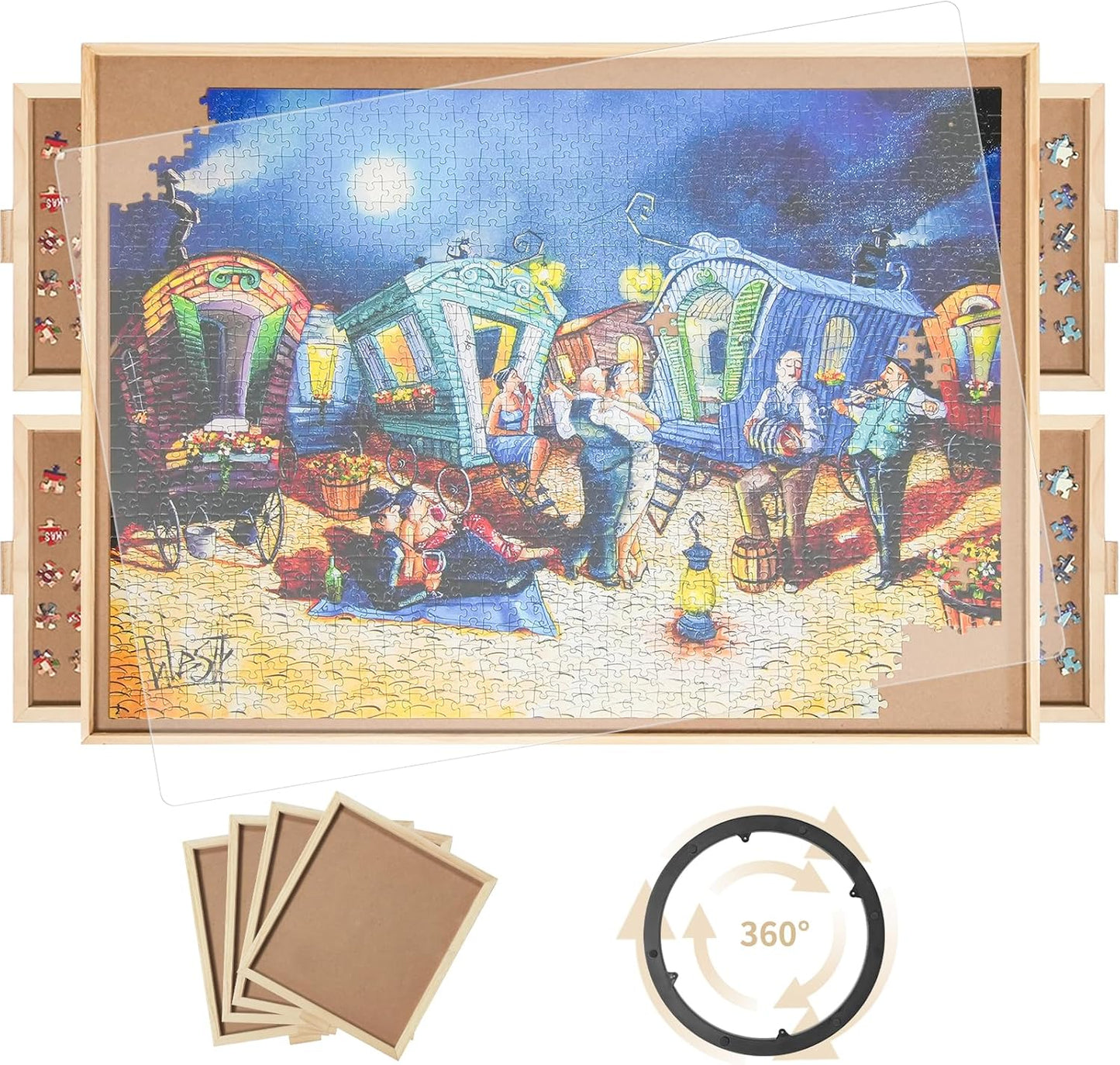1000 Pieces Rotating Puzzle Board with 4 Drawers,30.16"x22.44" Portable Wooden Jigsaw Puzzle Table with Lazy Susan Spinning Cover for Adults