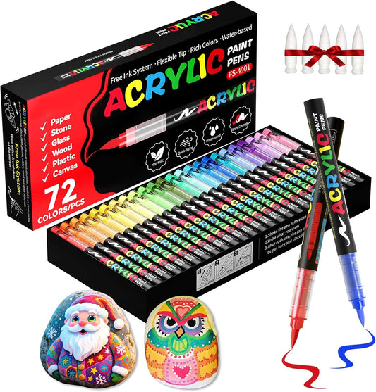 72 Colors Acrylic Paint Markers, Soft Brush Tip Acrylic Markers Set, Paint Pens for Wood, Fabric, Canvas, Glass, Stone, Canvas, Rock Painting and DIY Crafts Art Supplies