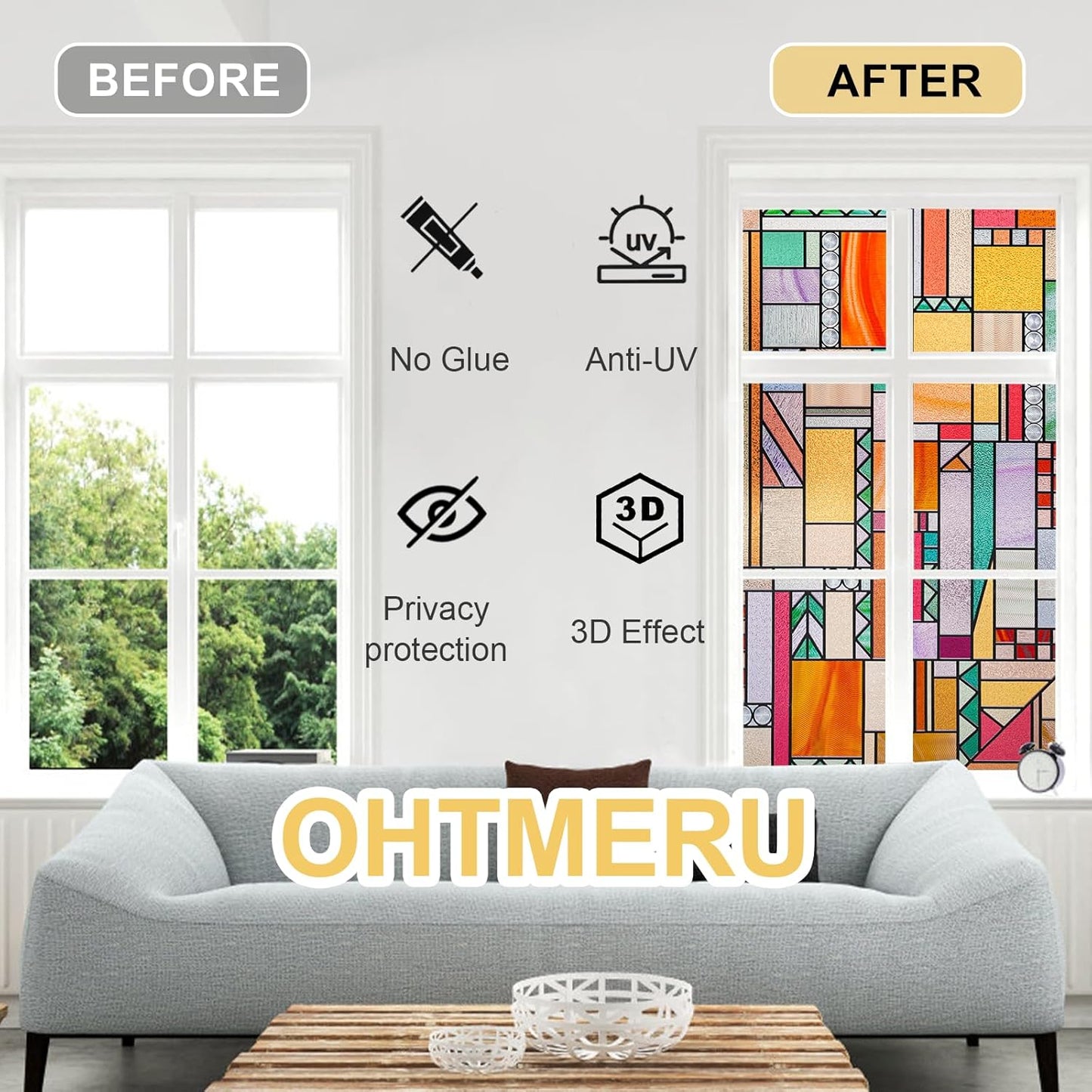 3D Stained Glass Window Privacy Film, Heat Control UV Blocking Static Cling Decorative Window Film for Bathroom,Front Door,Home Non Adhesive,16.9 x 78.7 inches Autumn Reverie