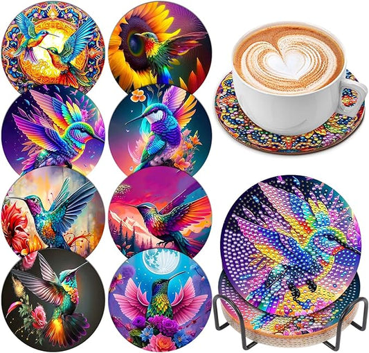 8 Pcs DIY Hummingbird Flowers Coasters with Holder - Diamond Art Painting Kits for Adults & Kids - Gift