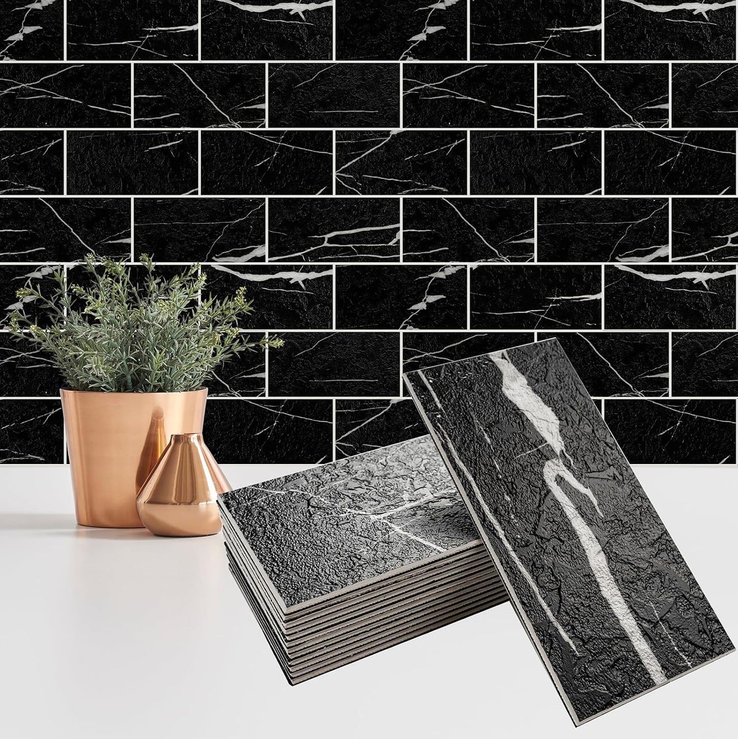 100 Pieces Peel and Stick Backsplash for Kitchen, 3" x 6" PVC Subway Tile Upgraded Nero Marquina with White Grout Backsplash Stick on Tile Elevate Kitchen, Bathroom, Fireplace,RV