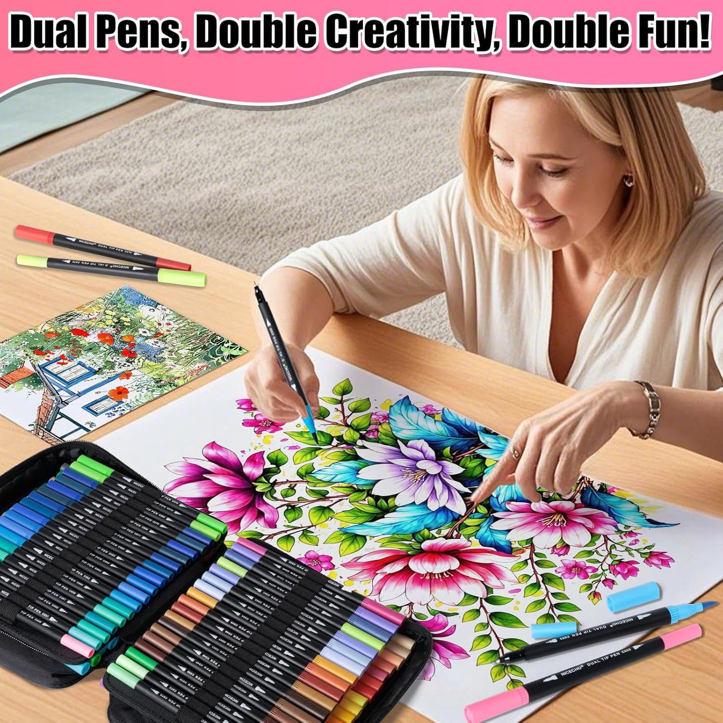 Art Supplier Dual Brush Markers Pens, 110 Artist Coloring Marker Set, Fineliner & Brush Tip Pen with Premium Case for Adults Coloring Books & Journal, Drawing, Doodlin