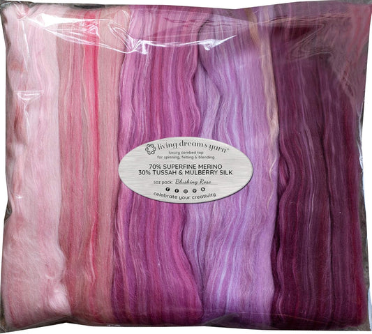 Merino Silk Luxe Tonal Designer Blend. Superfine Merino, Mulberry, Tussah Silk. Top Roving for Spinning or Felting. Blushing Rose 5oz