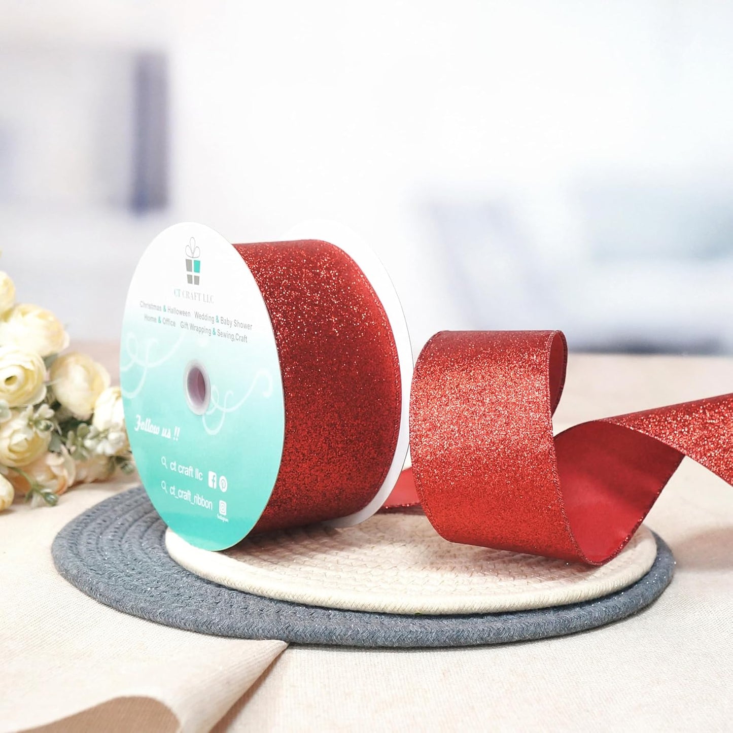 CT CRAFT LLC Glitter Wired Ribbon 2.5" x 20 Yards Red for Christmas Home Decor Bow Gift Wrapping DIY Crafts Wreath