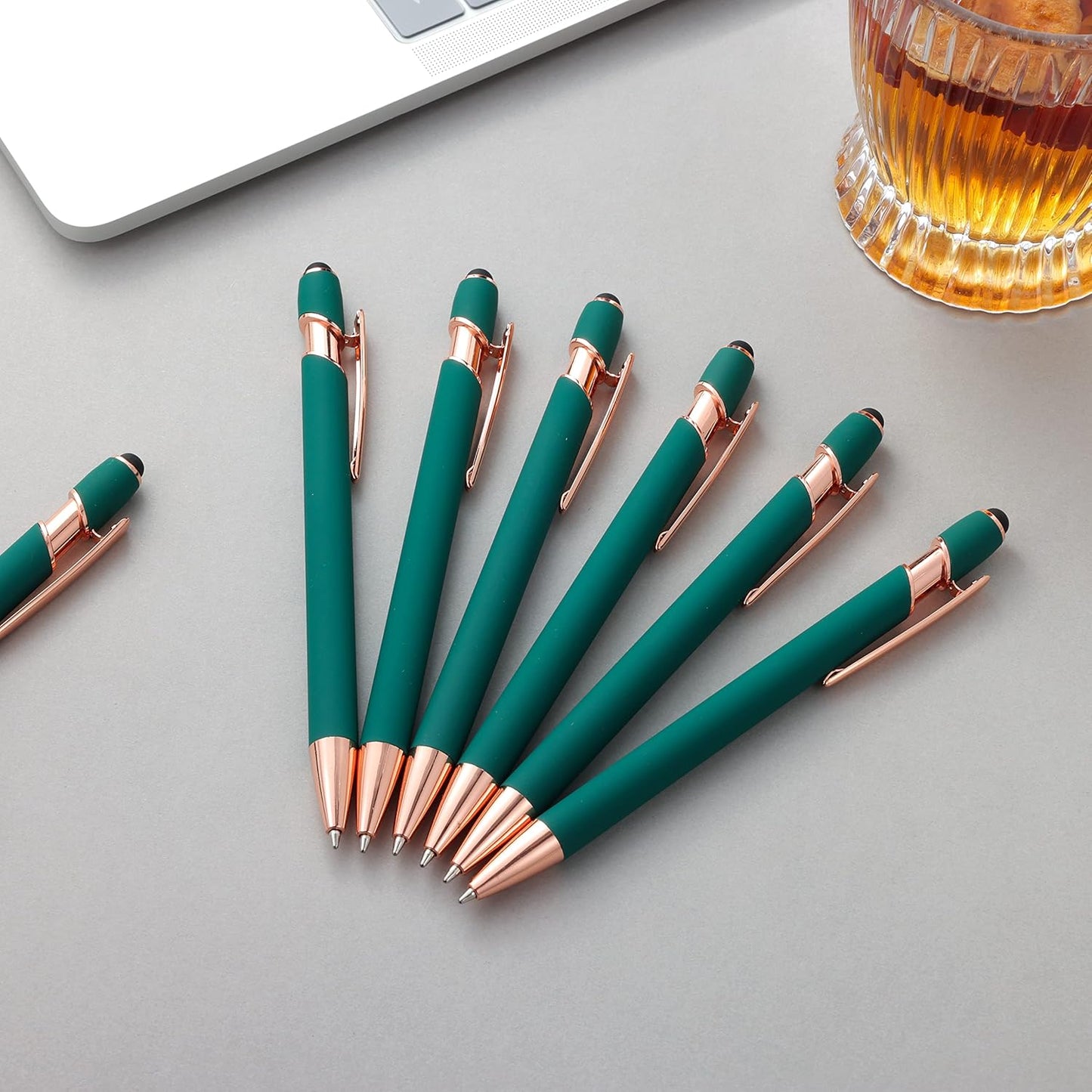12 PCS 2 in 1 Stylus Ballpoint Pen with Stylus Tip, 1.0 mm Black Ink Metal Pen Stylus Pen for Touch Screens (Rose Gold & Green)