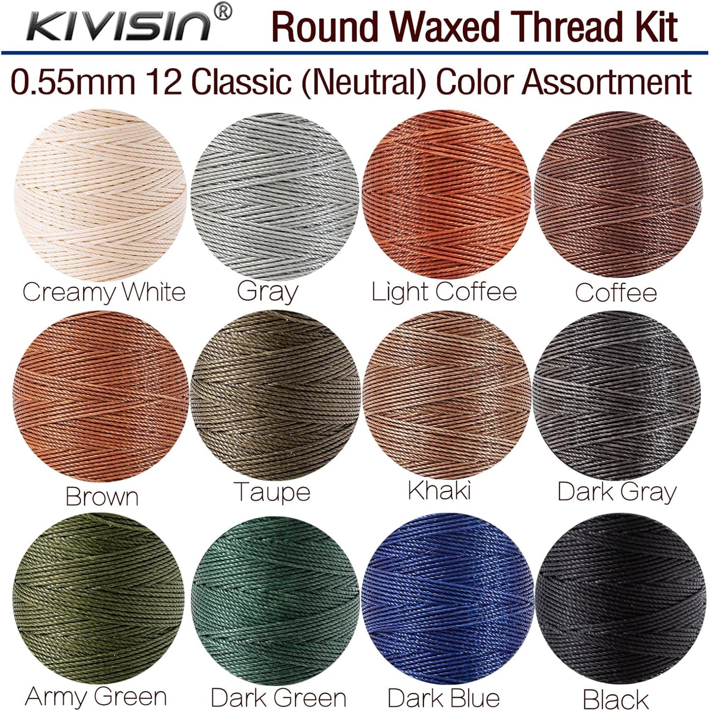 Round Polyester Waxed Thread 0.55mm, 12 Neutral Colors 76 Yards/Spool Wax Coated String Thin Cord for Leather Upholstery Sewing, Stitching, Bookbinding, Beading, Micro Knotting and Braiding