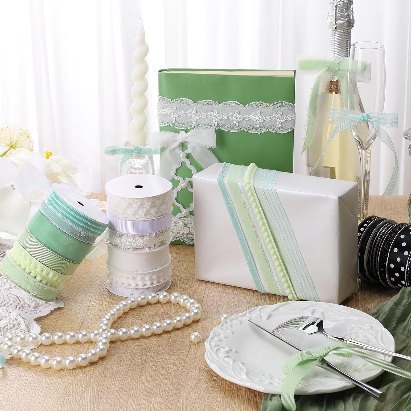 LaRibbons Green Ribbons for Crafts 6 Rolls Assorted Mint Green Ribbons for Gift Wrapping, DIY Crafts, Sewing, Hair Bows and Party Decorations 27.5 Yards