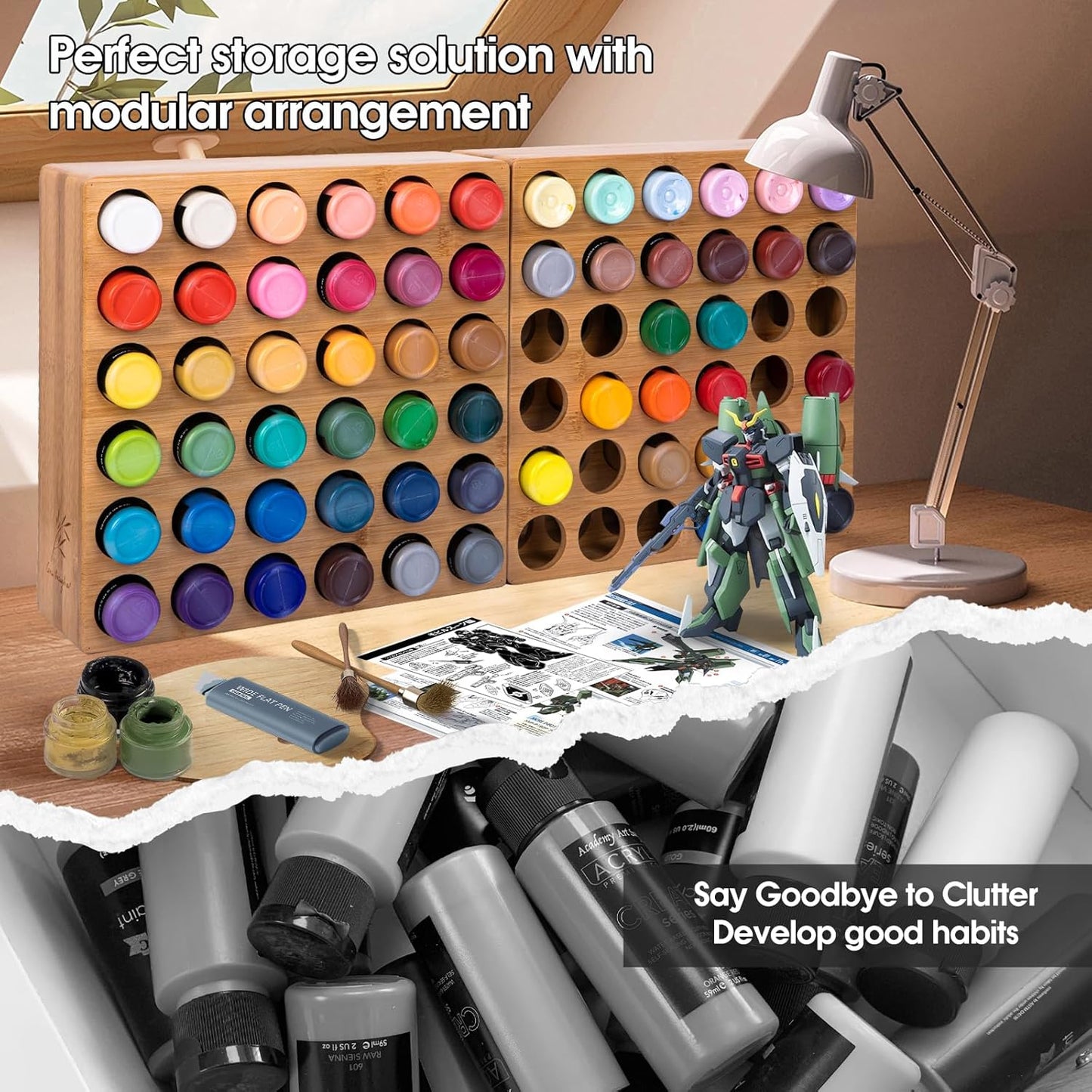 Bamboo Craft Paint Storage Organizer,36-Hole Vertical Paint Rack Stand for 2oz Craft & Acrylic Paints,Stackable Modular Storage Solution for Home, Classroom, and Office