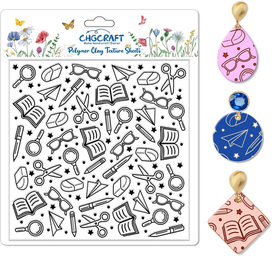 CHGCRAFT School Elements Polymer Clay Texture Sheets Seamless Pattern Books Silicone Texture Mat Modeling Pattern Pad for Jewelry and Clay Earrings Tools, 5.5x5.5 inch