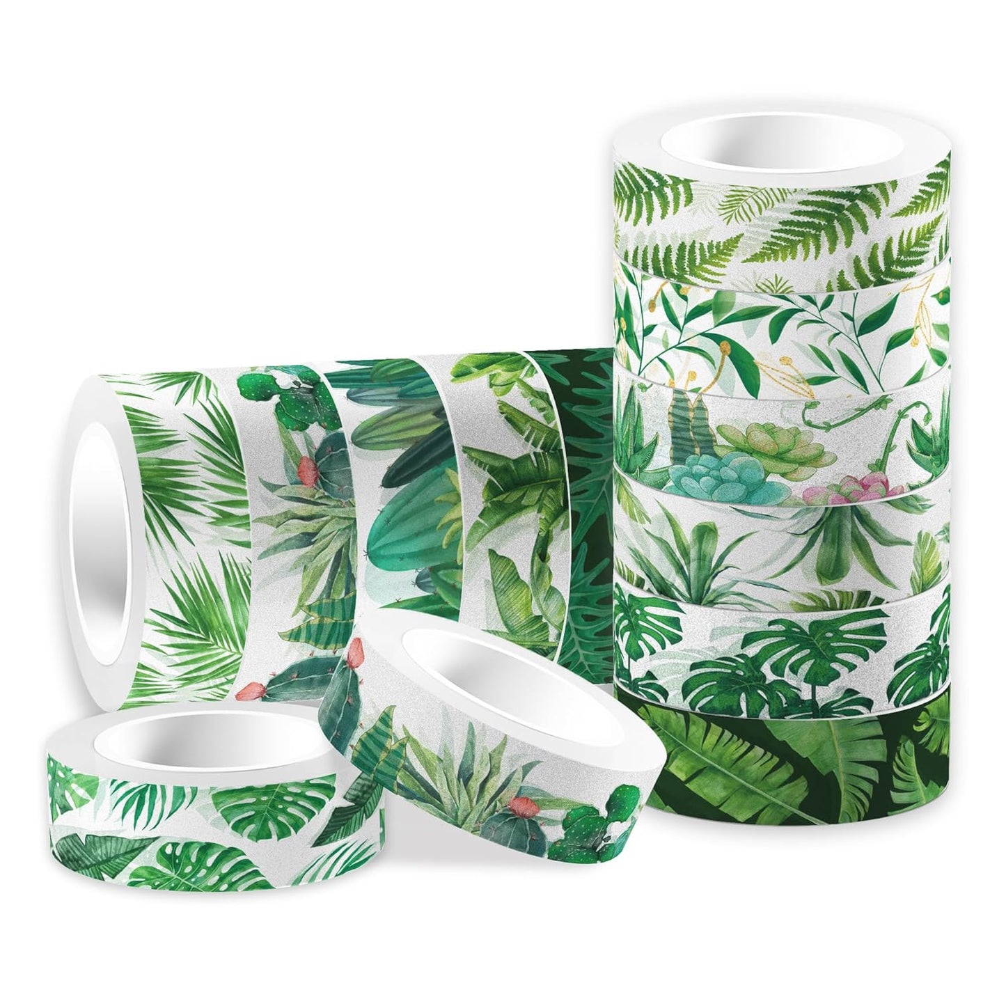 Greenery Washi Tape Set 12 Rolls, Tropical Leaves Masking Tape Hawaii Green Plants Cactus Summer Greenery Decorative Stickers for Note Scrapbook Handbook Sticker Gifts Wrapping DIY Art Crafts