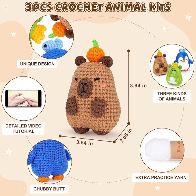 Fortuning's JDS Crochet Kit for Beginners, Crochet Animal Kit Includes Penguin, Capybara & Frog, Complete Starter Kit for Adult and Kids, DIY Craft Crochet Kits, Easy Knitting Kit Christmas Gifts
