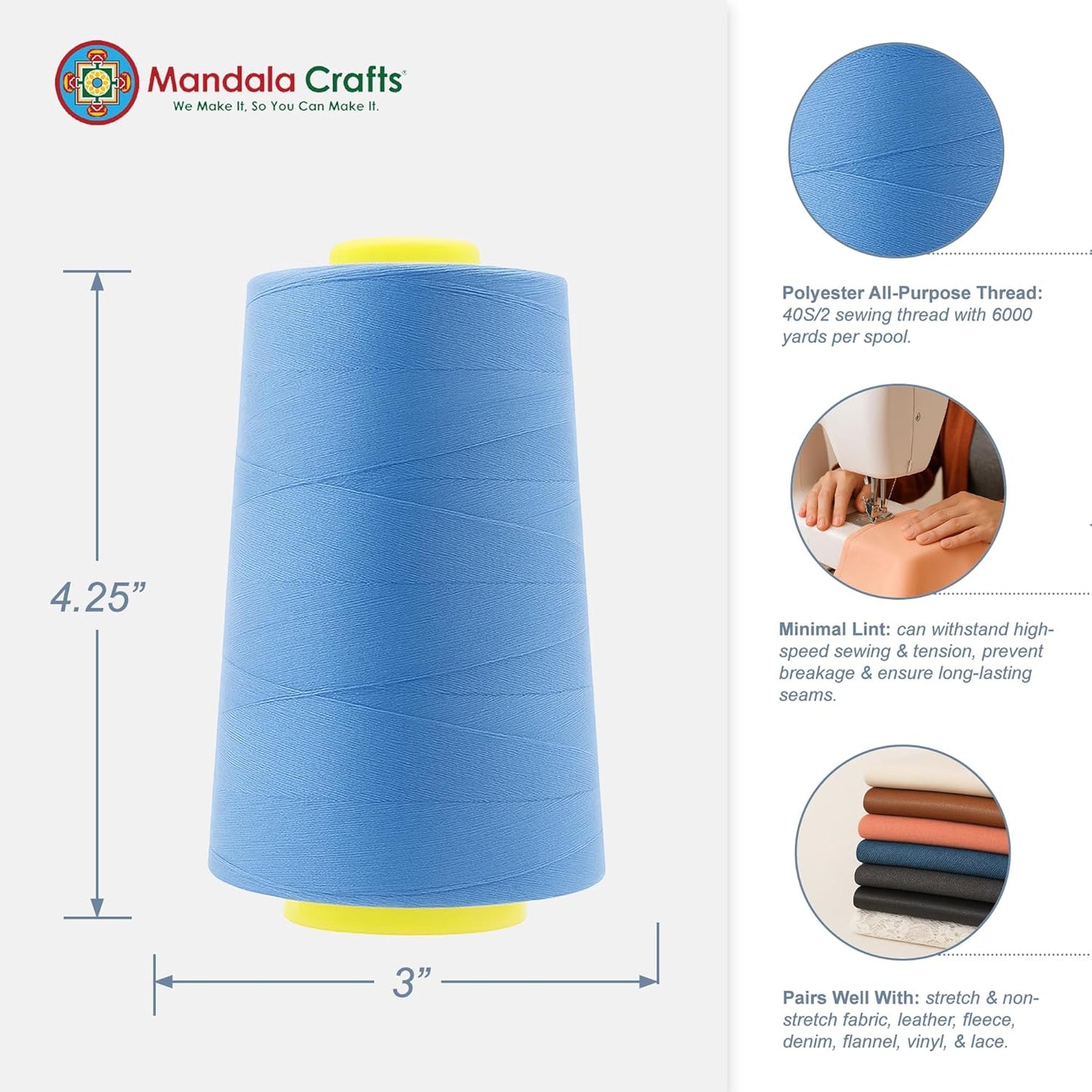 Mandala Crafts 4 Pack of Serger Threads Cones Spools - 40S/2 24000 Yards Polyester Dusty Blue Threads for Sergers Machine and Overlock Quilting Sewing Machine