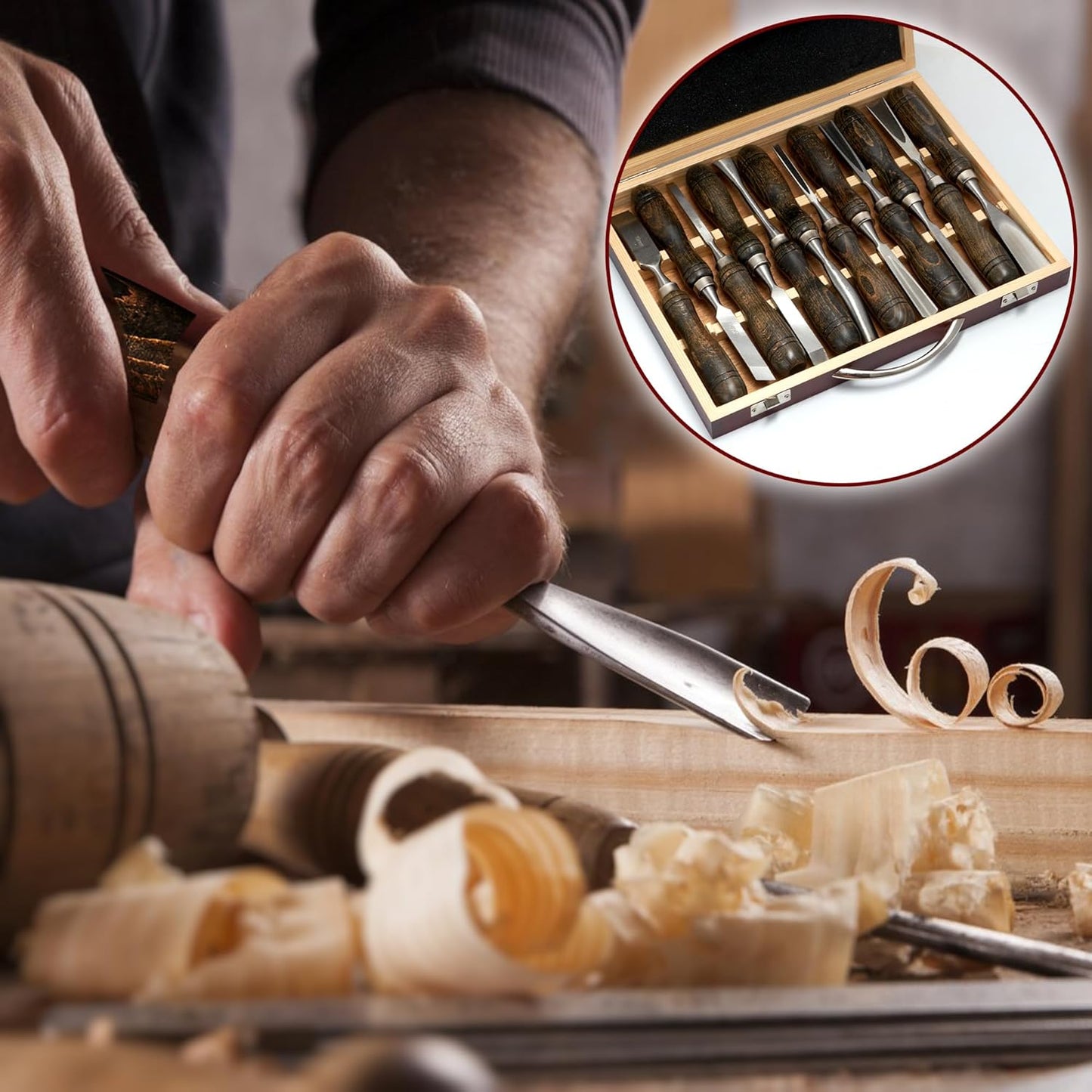 SELFIE CAT 12 Piece Wood Chisel Set for Woodworking Tools Wood Carving Tools with Wooden Case Wood Carving Kit for Beginners and Professionals Black Walnut