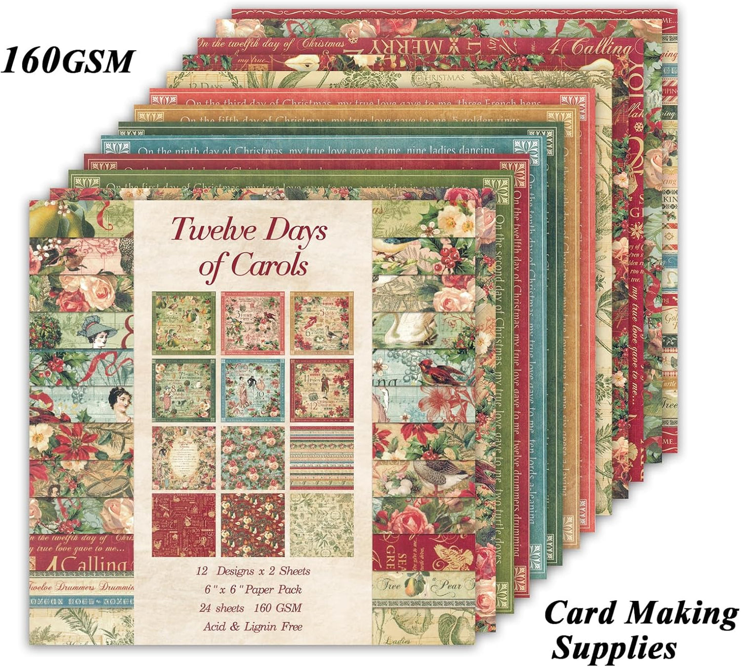 24 Sheets 12 Designs Scrapbook Paper Pad,6"×6” Single-Sided Decopodge Craft Cardstock Paper,Scrapbooking DIY Decorative Background Cardmaking Supplies.Carols