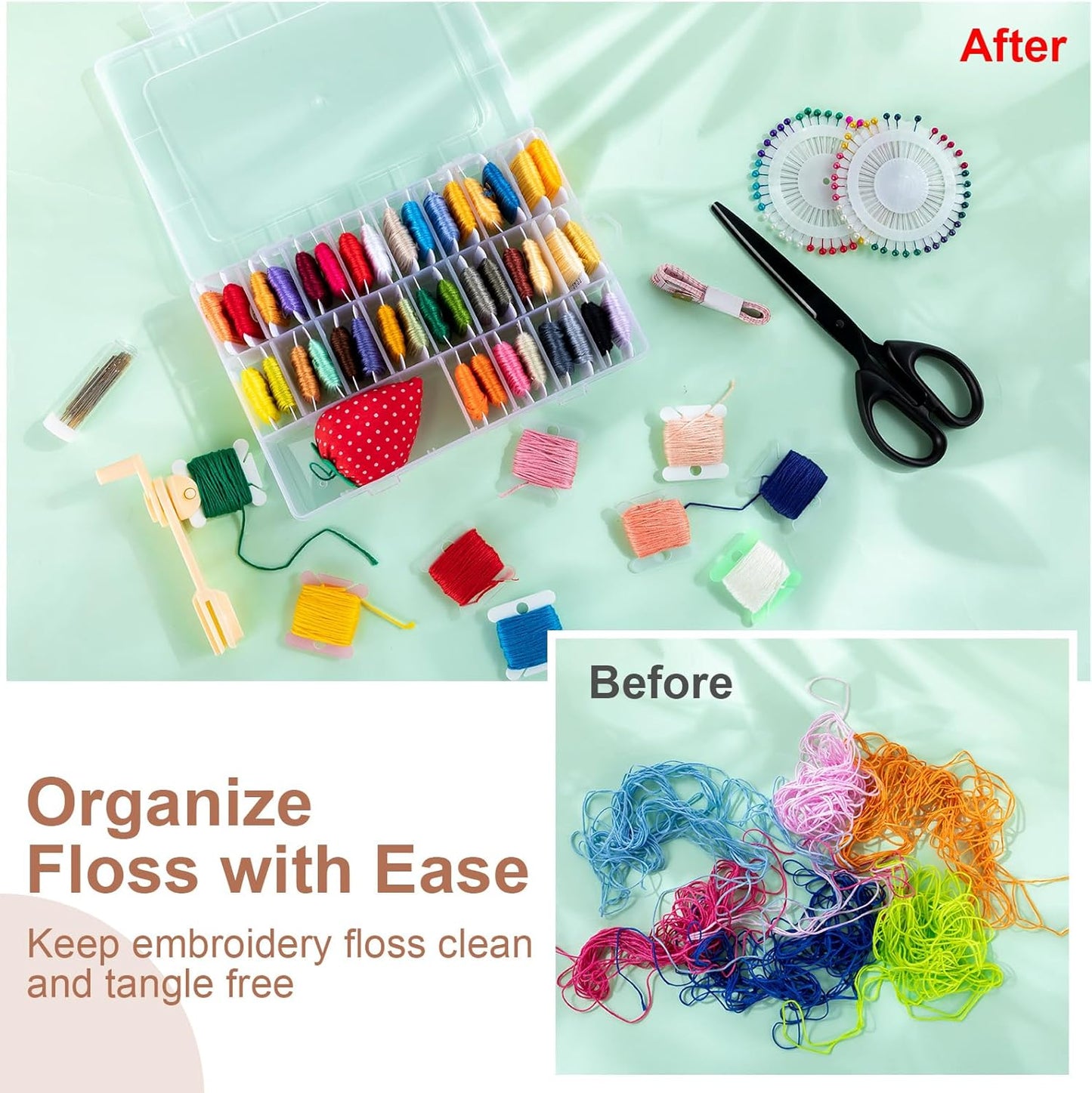 GlikCeil 507 Pcs Embroidery Floss Organizer Kit - 2 Removable 24-grid Thread Storage Boxes with Plastic Bobbins, 2 Bobbin Winders, Twin-tip Markers for Cross Stitch, DIY Sewing, Craft Storage