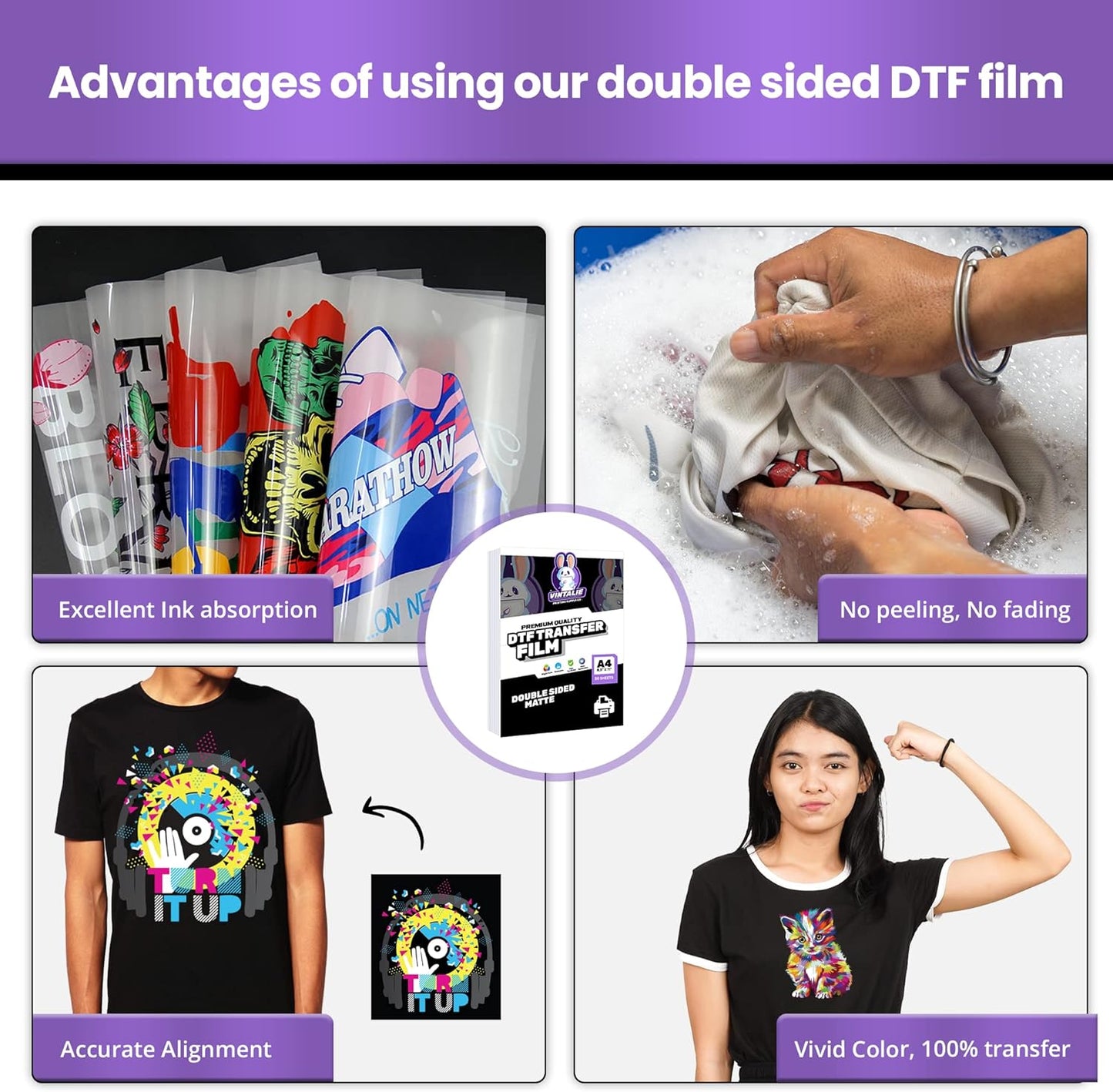 DTF Transfer Film – A4 (8.5”x11”)100 Sheets Premium Matte Double Sided DTF film PET Transfer Paper Direct to T Shirts