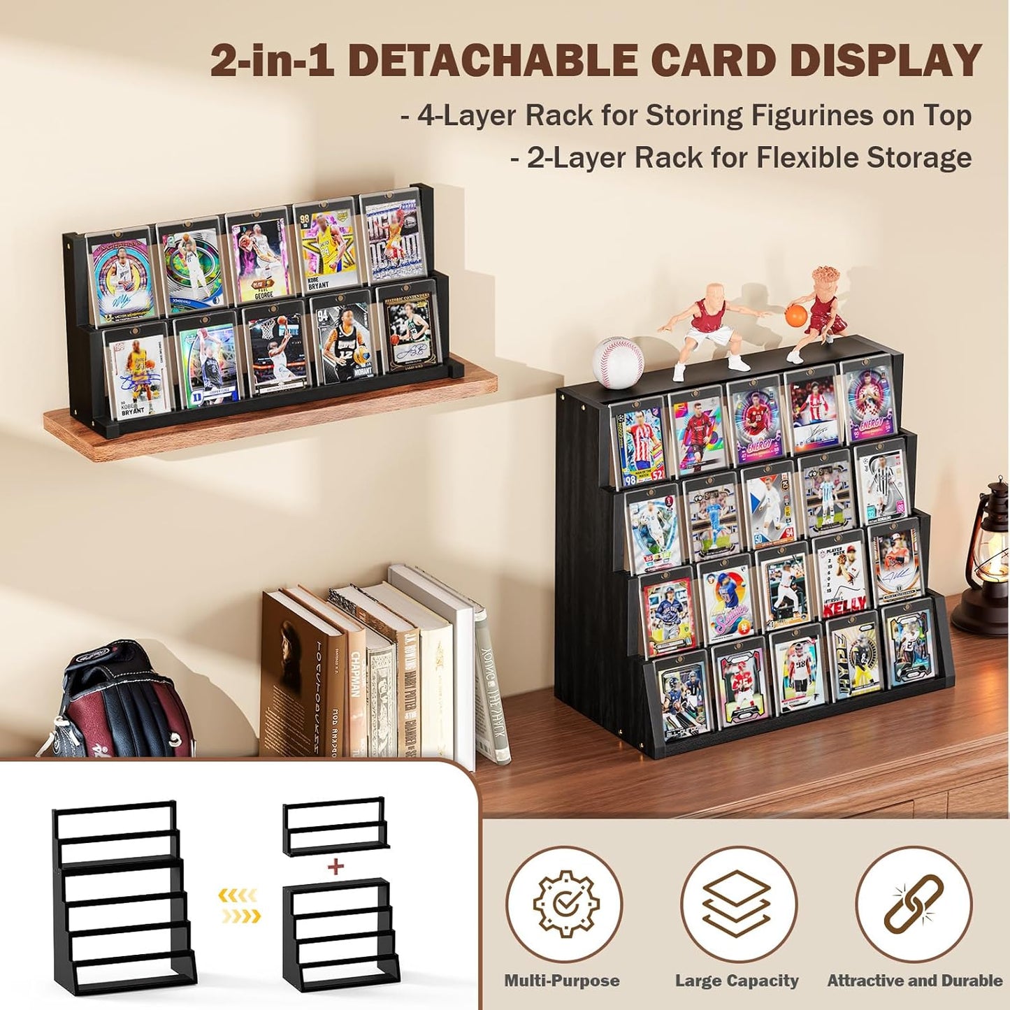 Emfogo Card Display Stand, 6-Tier Trading Card Display, Wood Detachable Graded Card Display with Top Storage, High Capacity Trading Card Display Stand for Collection & Show (Black)