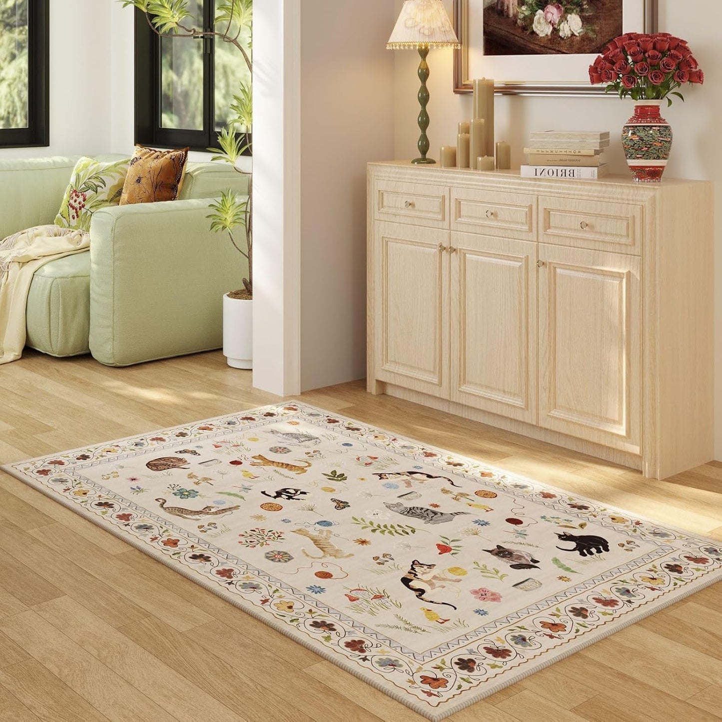 Rugcomf Bedroom Rug 3x5 Rug Washable Area Rug Non Slip Low Pile Boho Floral Animal Cat Small Carpet for Bedroom Bedside Kitchen Entryway Kids Room Office College Dorm Essentials for Girls, Beige