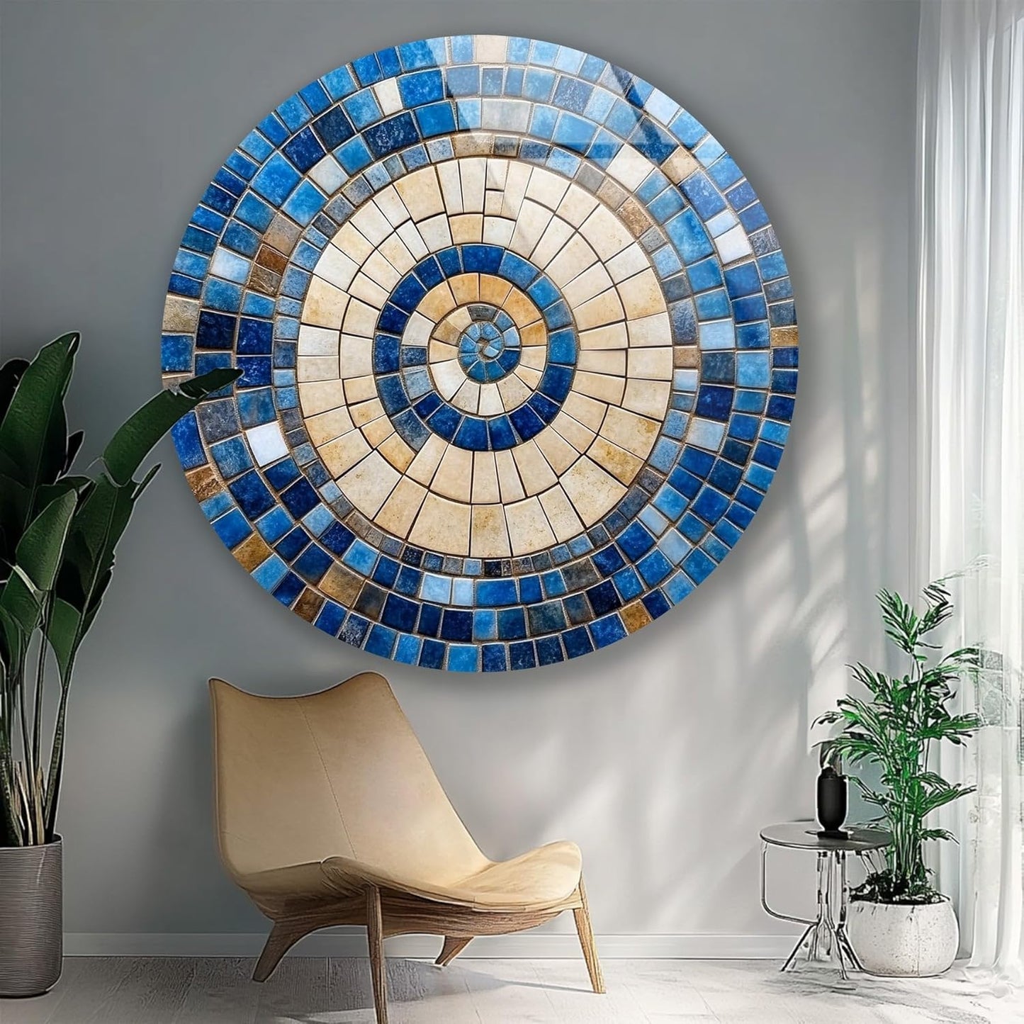 My Photostation.com 24''(60cm) Diameter Coastal Sunburst Beige & Blue Round Glass Wall Art Tempered Glass Printing Wall Decor Large Wall Art Wall Hangings